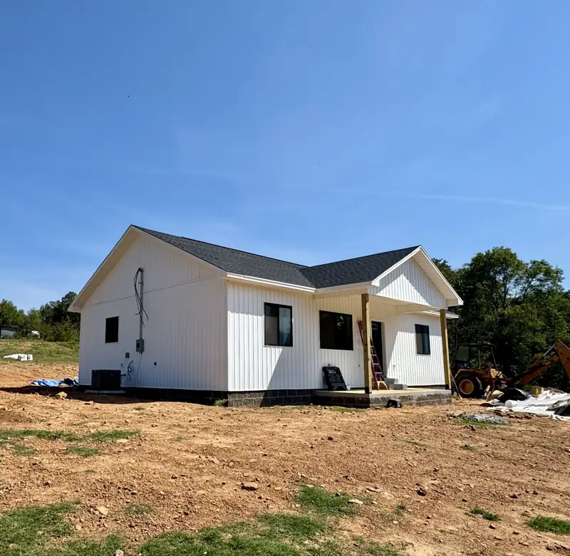 Corner view of the finished farmhouse